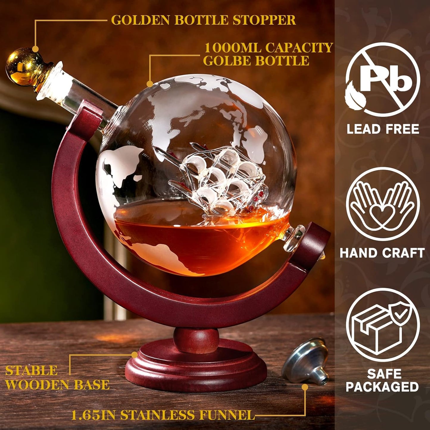 Whiskey Globe Decanter, Gifts for Men/Dad, Anniversary Birthday Gift 1000ml