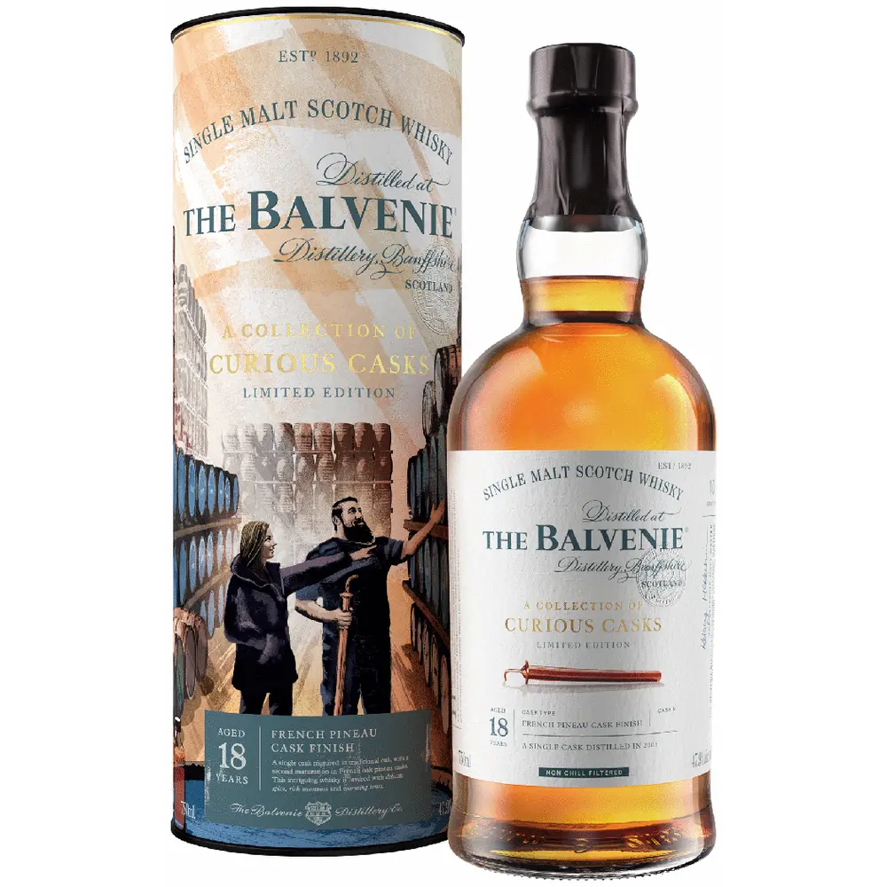 Balvenie 18 Yr French Pineau Cask Single Malt Scotch Whisky Front View with tub